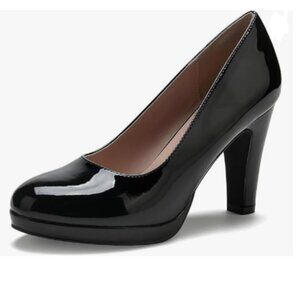 miss left Black Women's Low Platform Chunky High Heel Slip On Round Toe Pump